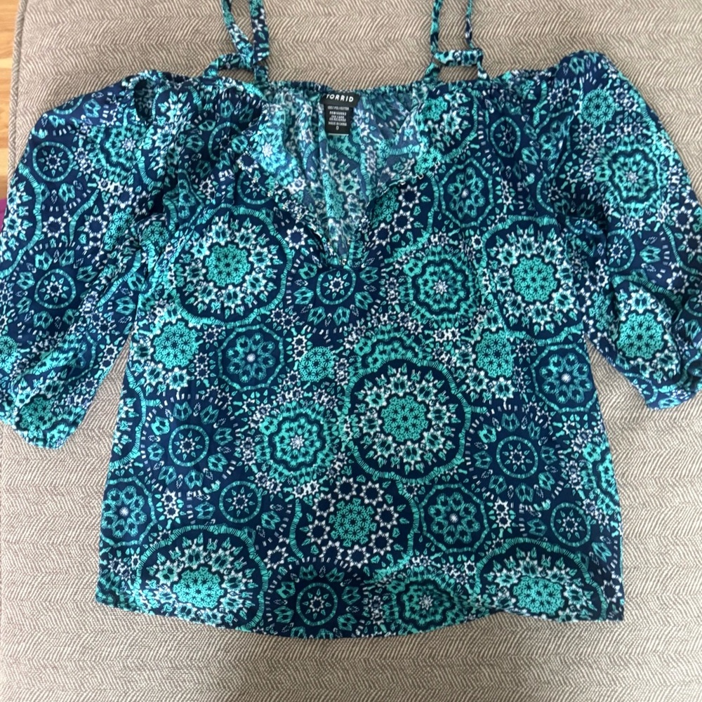 Torrid Teal and Navy Patterned Blouse